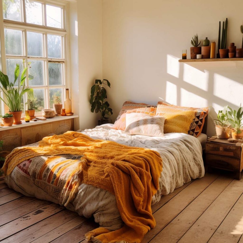 A boho, country-style bedroom with the choice of a bunk bed, an orange throw and matching pillows that radiate with vibrancy