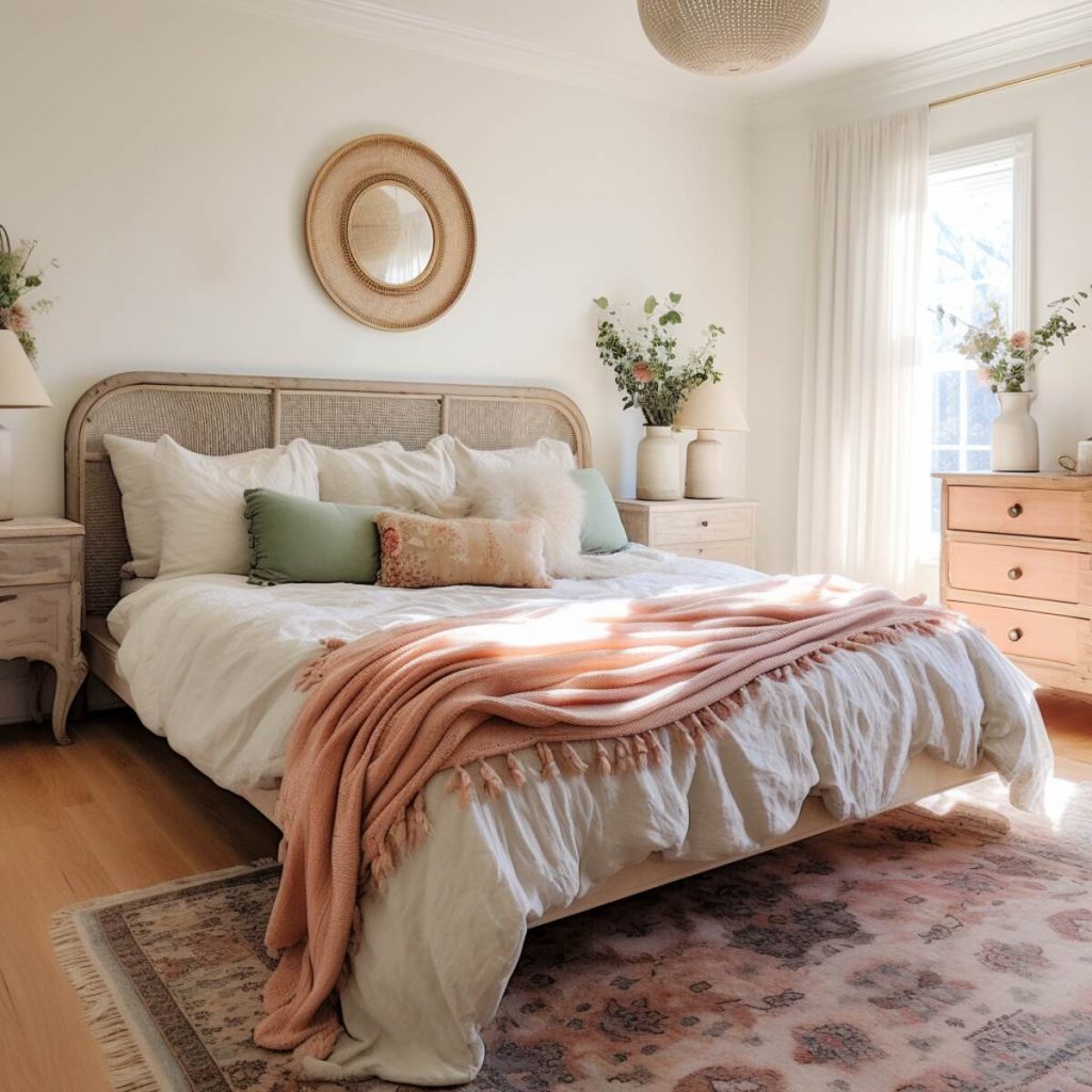 A boho farmhouse bedroom featuring a bed with a rattan headboard and a white comforter accented by a soft pink throw and an antique rug