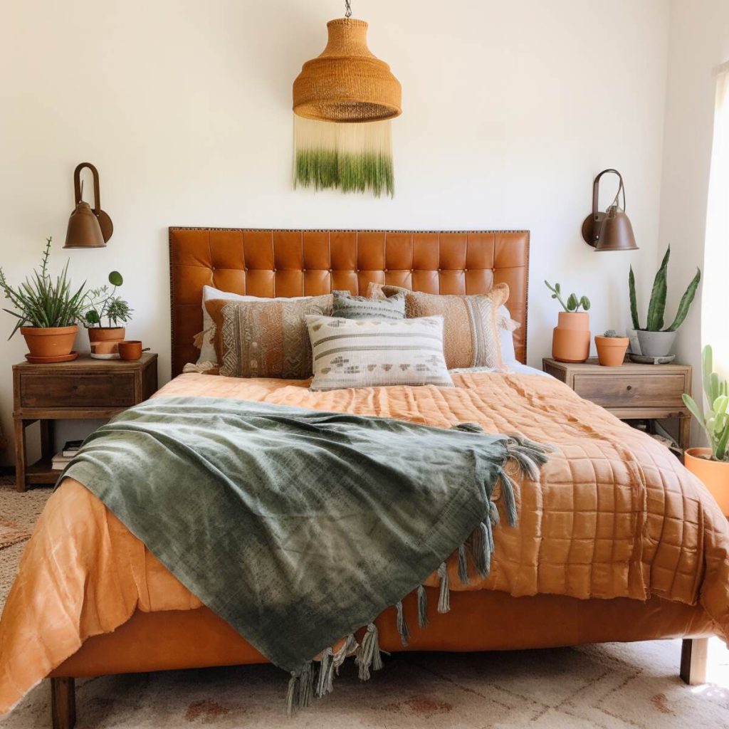 A country style bedroom with an orange leather bed with a tufted headboard and a green throw on top and green plants next to the bed