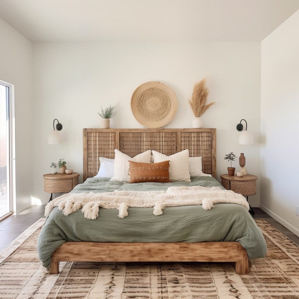 A farmhouse bedroom features an old-fashioned wood bed frame with a rectangular headboard, green bedding jazzed up by a knitted white throw, and a chocolate brown accent pillow