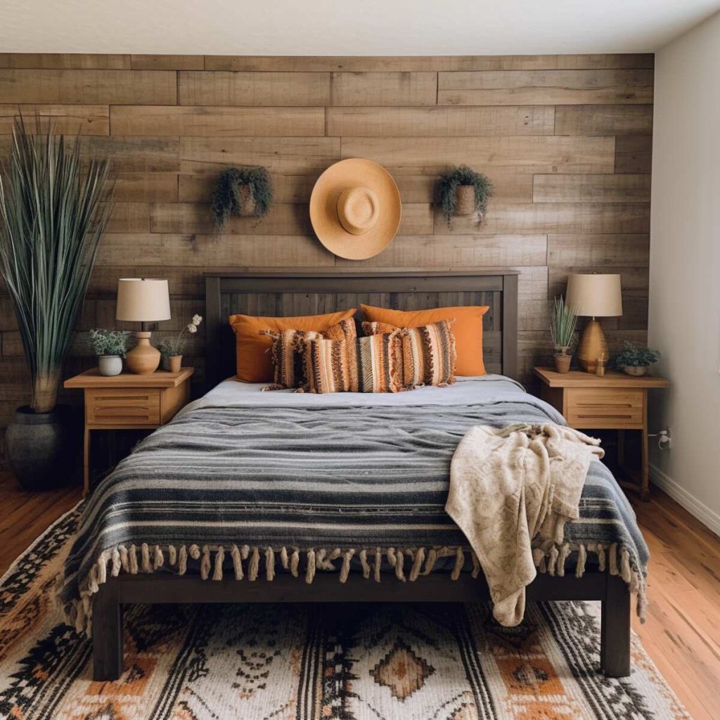 A farmhouse bedroom in front of wood-paneled walls with hanging plants and a cute hat