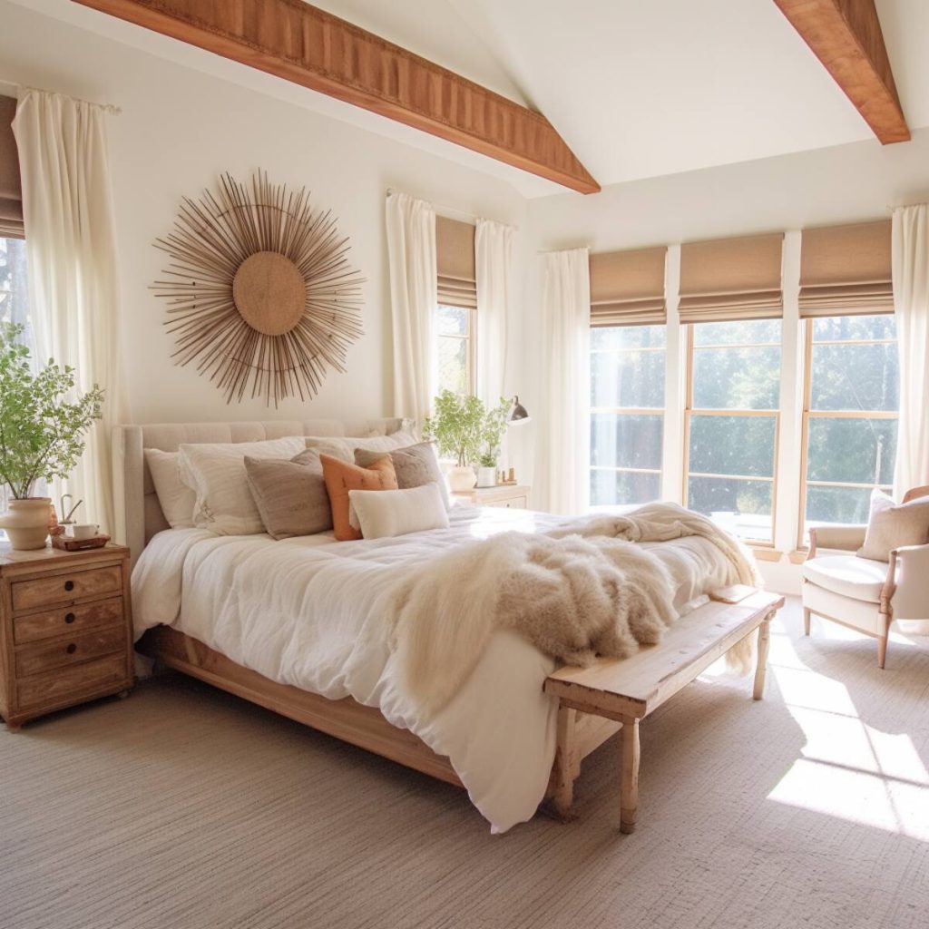 a farmhouse bedroom with neutral-toned pillows, a wooden bench, and a plush accent chair