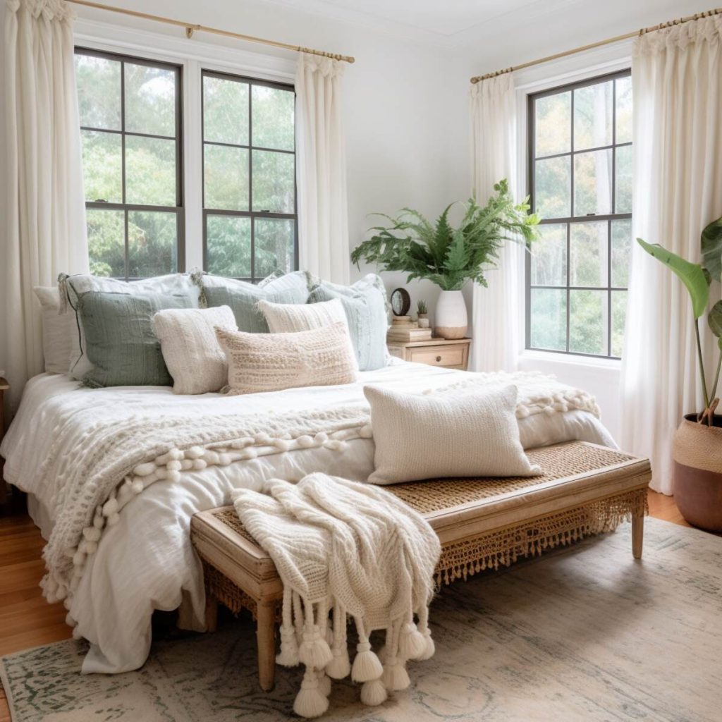 A boho, country-style bedroom with linen bedding and a woven blanket decorated with playful pom-poms