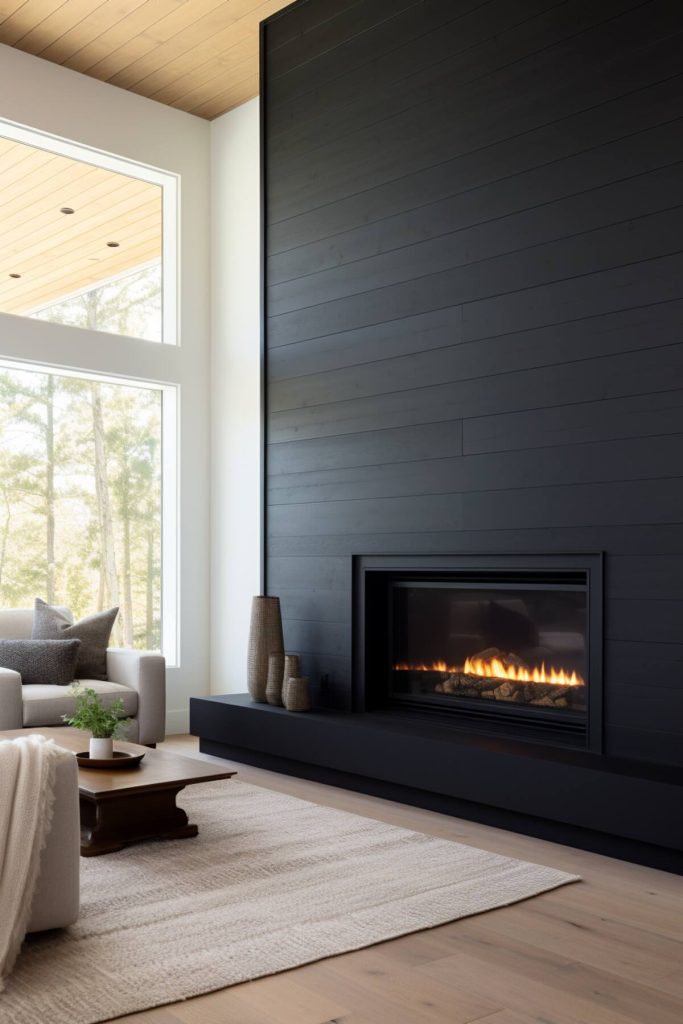 a living room with a black gas fireplace that contrasts sharply with the soft, homey textures of surrounding items such as a plush carpet and a comfortable gray couch