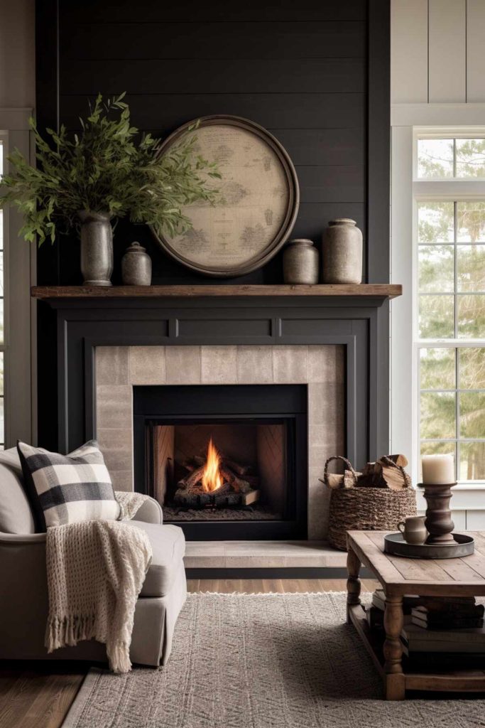 a living room with black shiplap panels and a wooden mantel displaying clay pots, a green plant and vintage map art in a circular frame