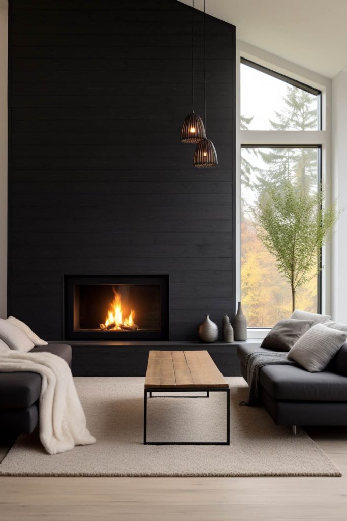 a black fireplace with a shiplap, handmade ceramics on the stove and black hanging lamps above