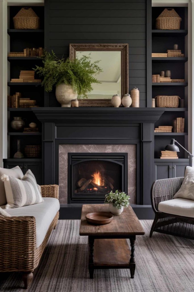 a living area with a black fireplace surrounding a black wall interrupted by a marble frame