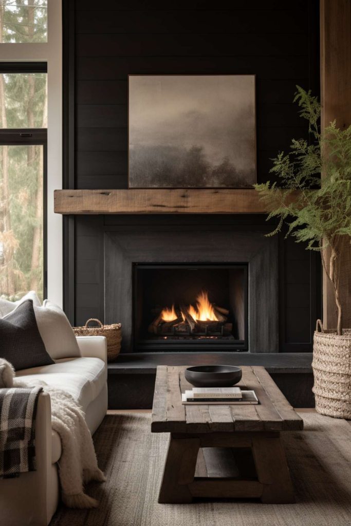 a living room with a black fireplace and a distressed mantel