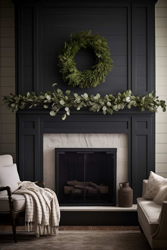 a black shiplap fireplace with intricate millwork and a marble surround