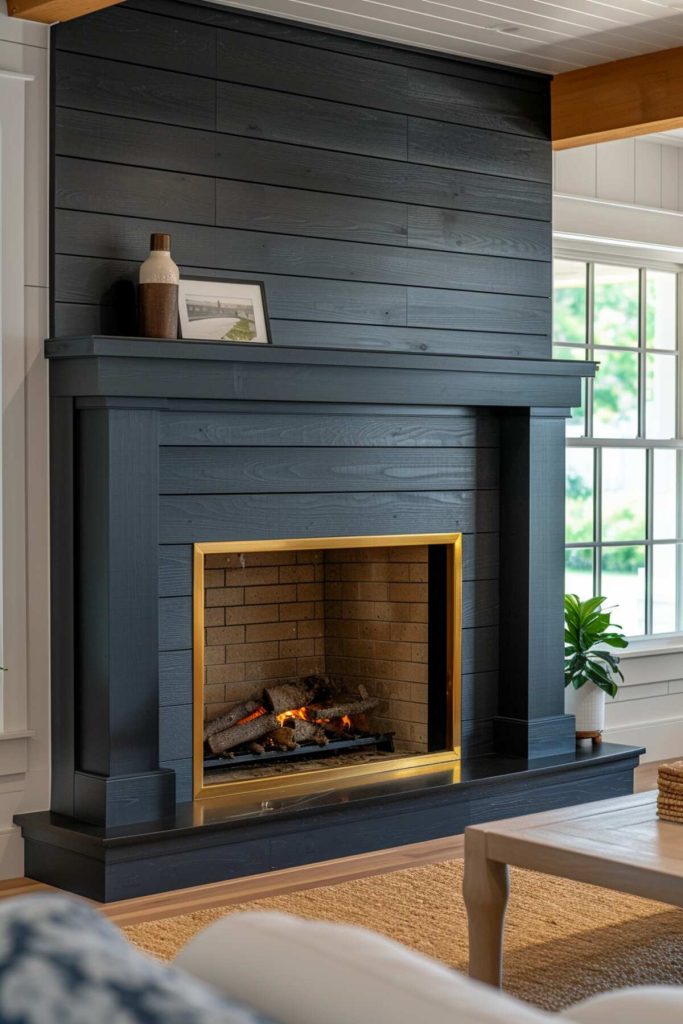 a black shiplap design fireplace with a gold frame around the brick firebox