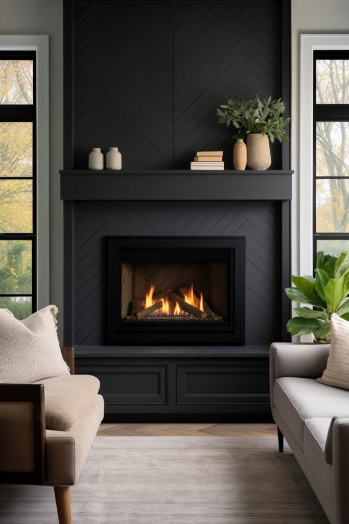 A black shiplap panel arranged in a herringbone pattern on the fireplace