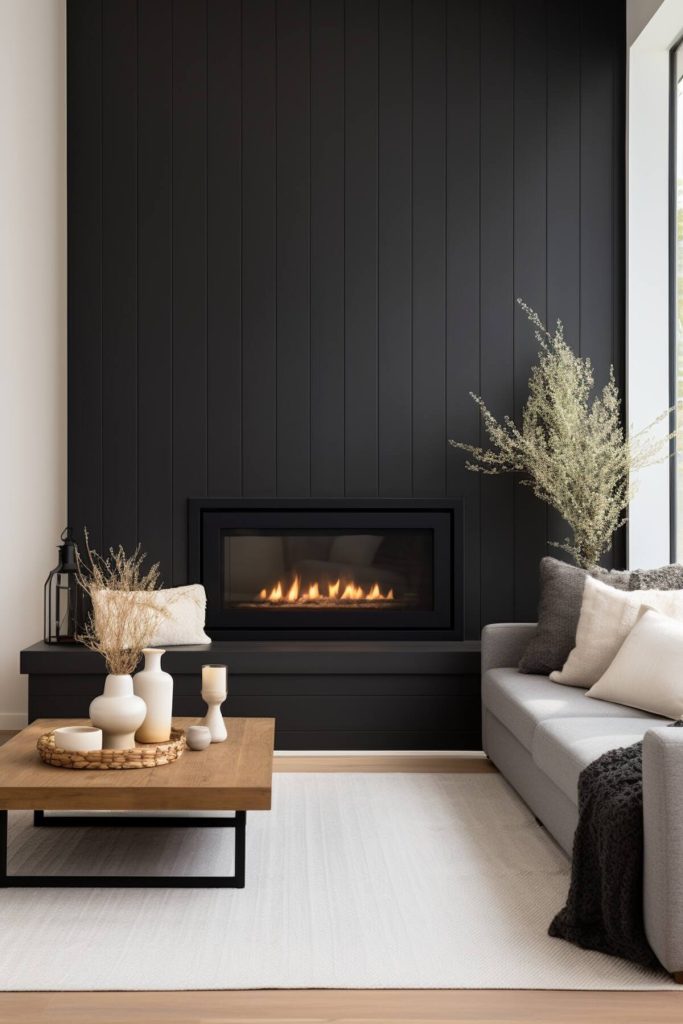 a living room with a fireplace with vertical shiplap panels in black