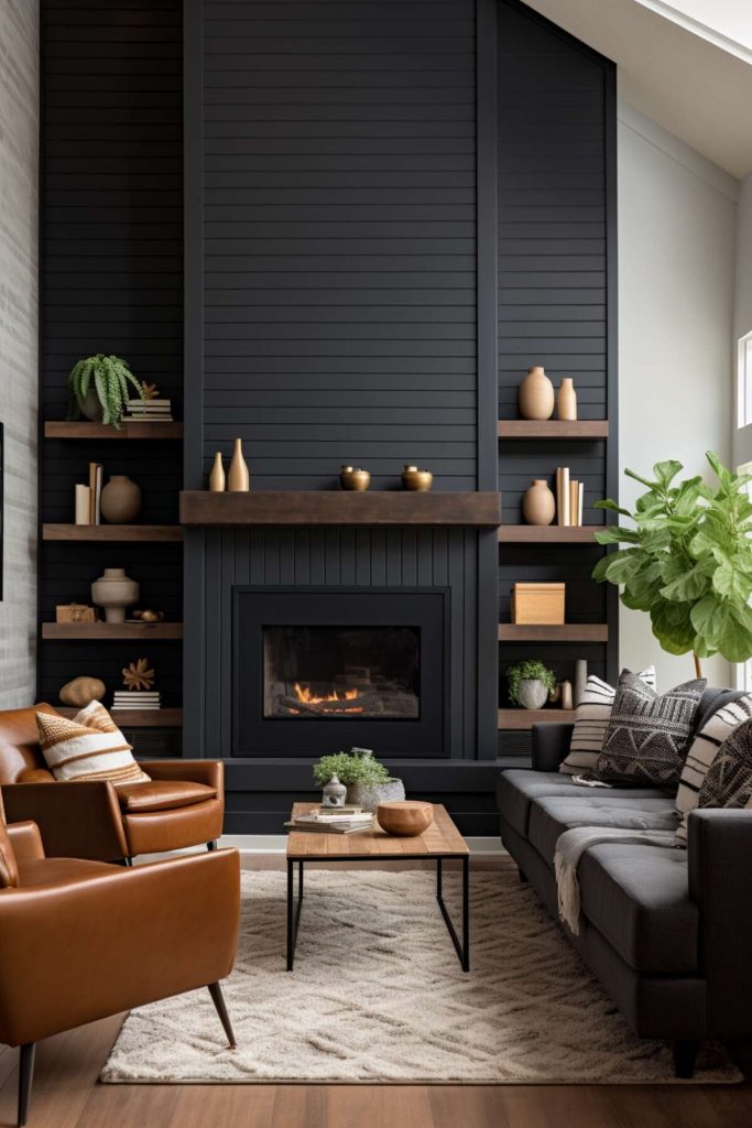 a living area with vertical lap panels under the mantel and horizontal panels above