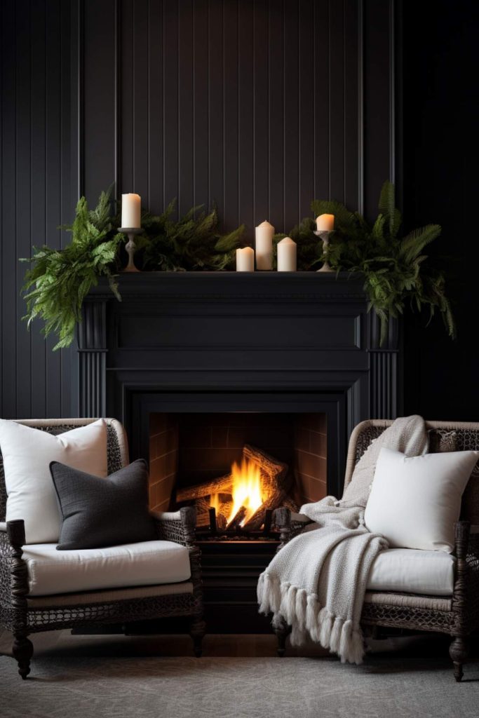 a living room with a black fireplace enhanced by its ornate millwork and narrow, overlapping panels