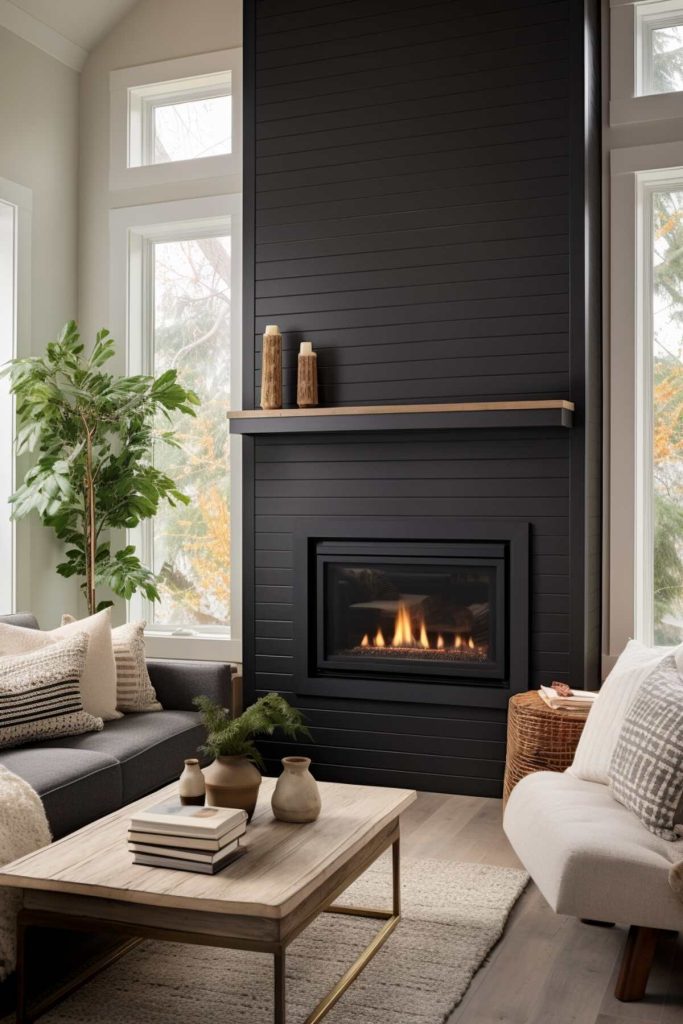 a living area with a black shiplap fireplace accent wall that contrasts with the airy feel of white-framed stained glass windows