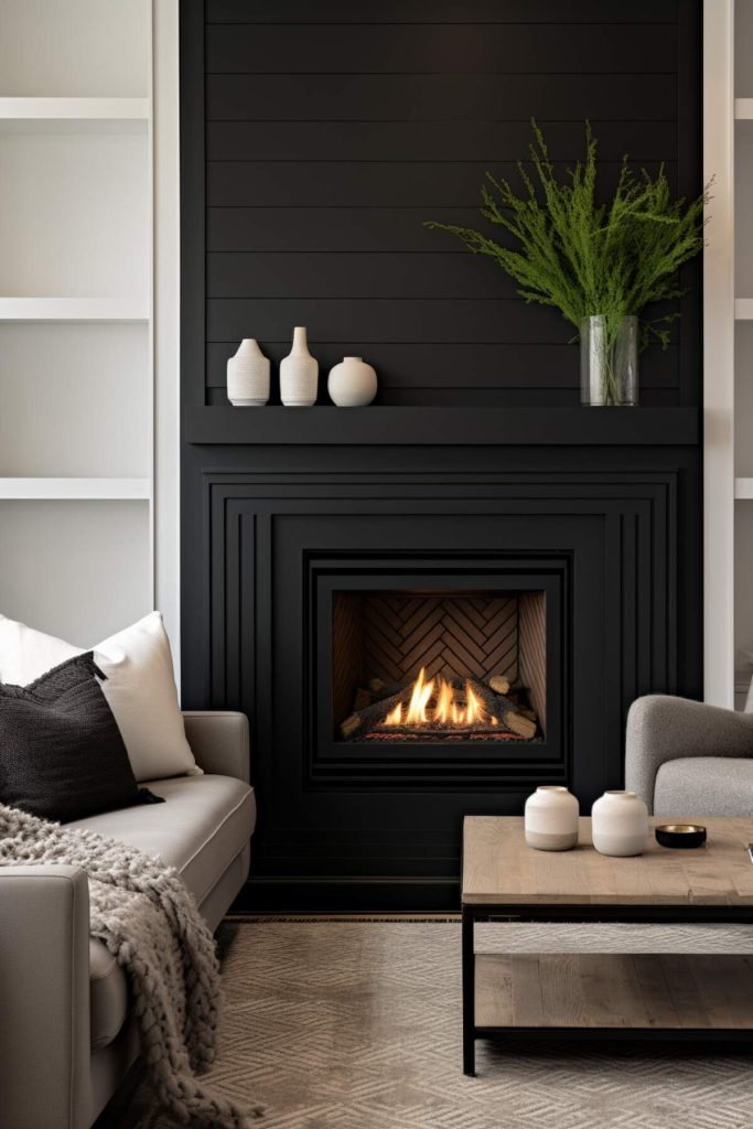 a living room with an all-black herringbone firebox fireplace, surround with clean geometric lines and black stepped panels