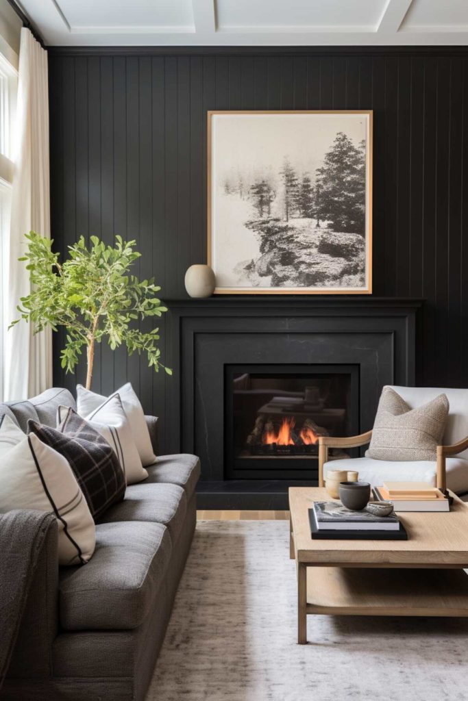 a living area with a black fireplace and a monochrome piece of art that sits prominently above the black fireplace and a small and charming clay vase sits next to it