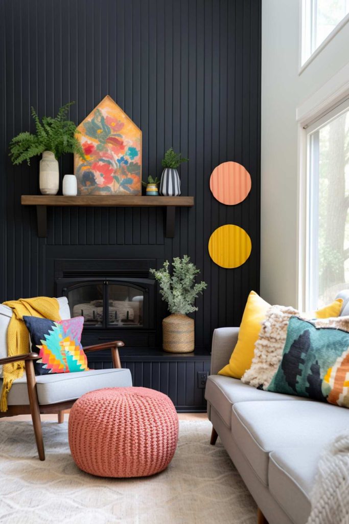 A living area with hand painted bright yellow and peach circles adorning the black shiplap fireplace