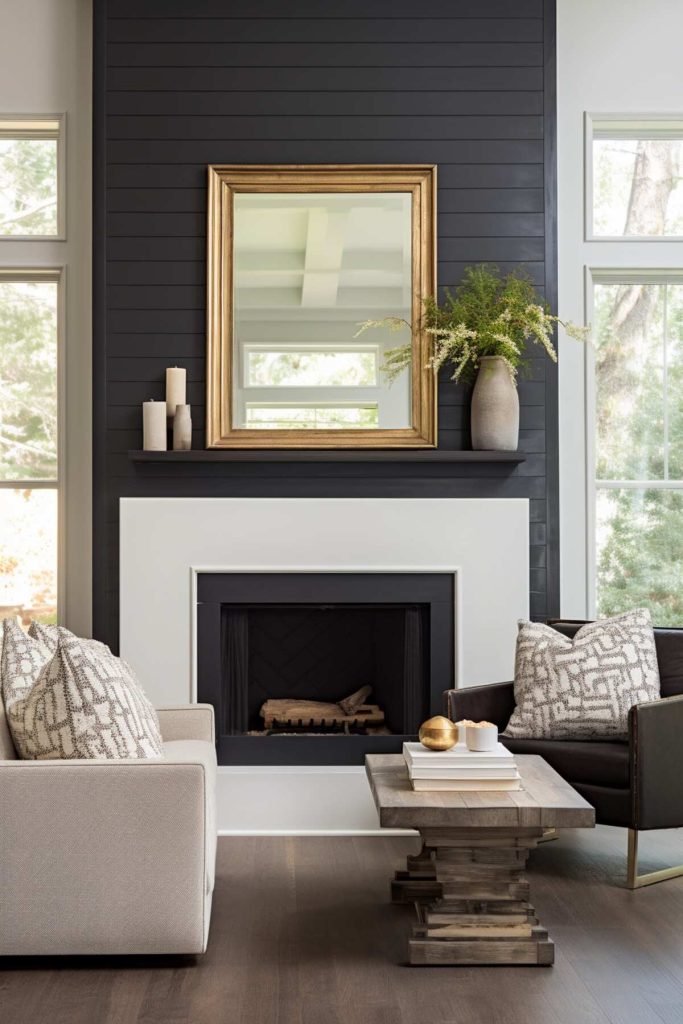 A living area with a black fireplace with crisp white surround stands out against an accent wall clad in black step panels 