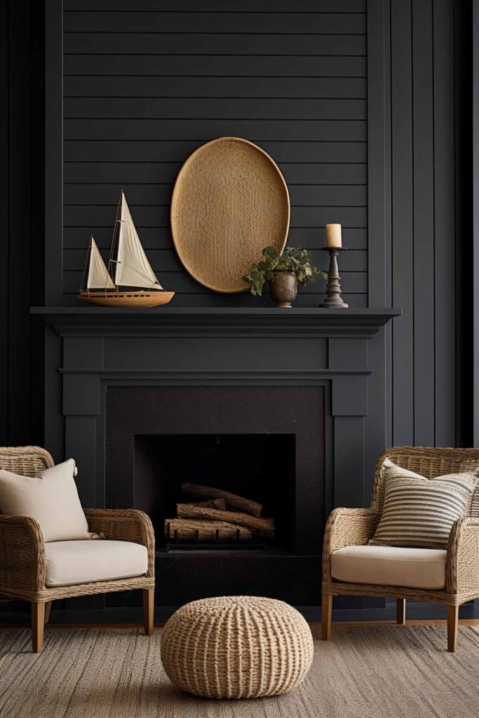 a living area with a black fireplace with black overlapping walls with decor such as a wooden ship and a wicker tray, as well as a plant in an old-fashioned ceramic planter and a candle in an antique candle holder