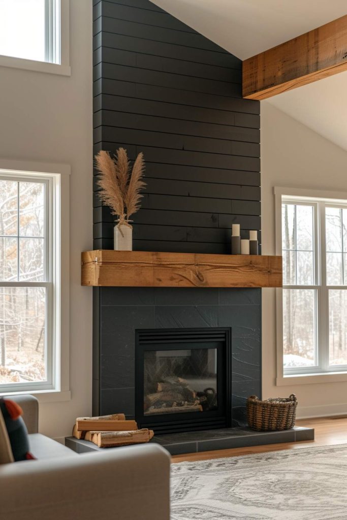 A fireplace with a matte black tile surround and black shiplap panels over the wood mantel