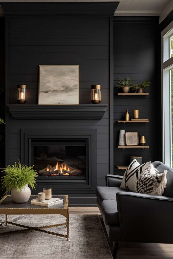 A living room with LED glass lamps and gold accents brings a warm glow to the black fireplace mantel and complements the gold-framed abstract painting