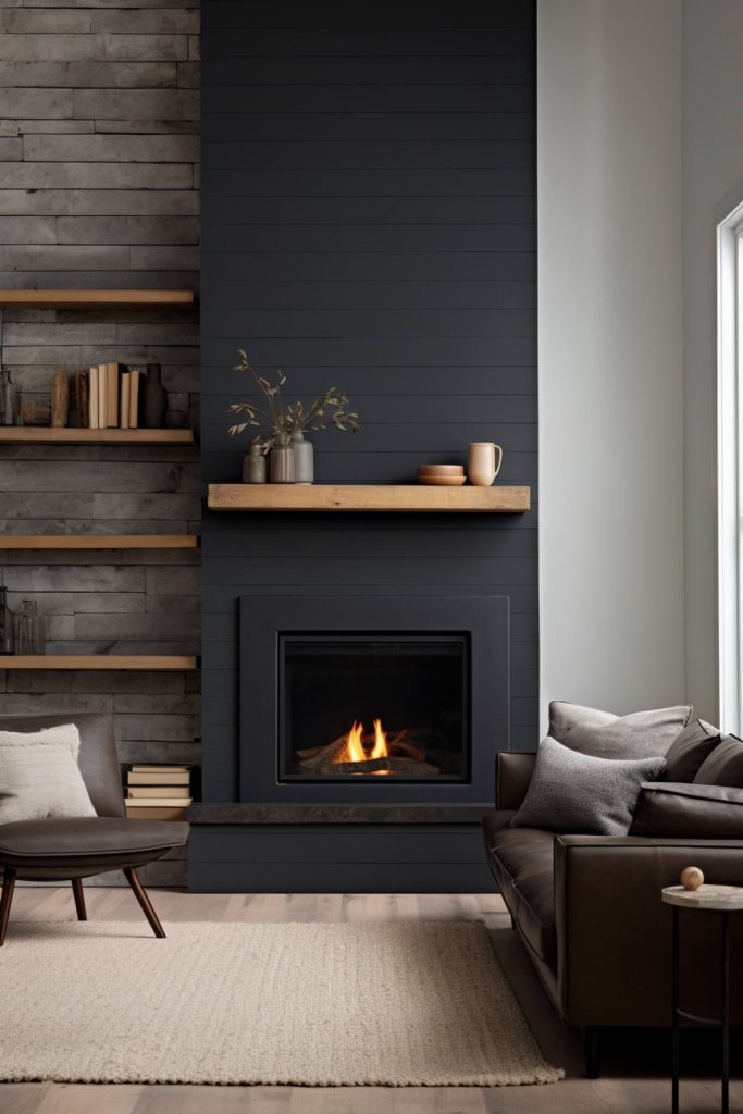 a living area with weathered step panels in the background and a black fireplace with clear step patterns