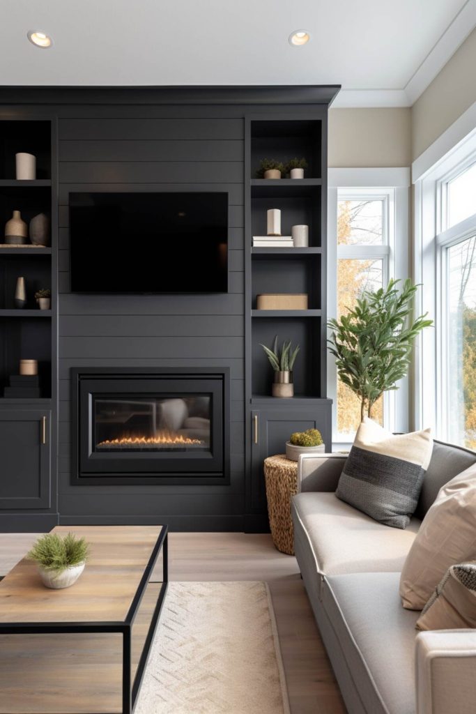 a living area with sophisticated black stepped panels including built-in shelves and base cabinets with gold handles