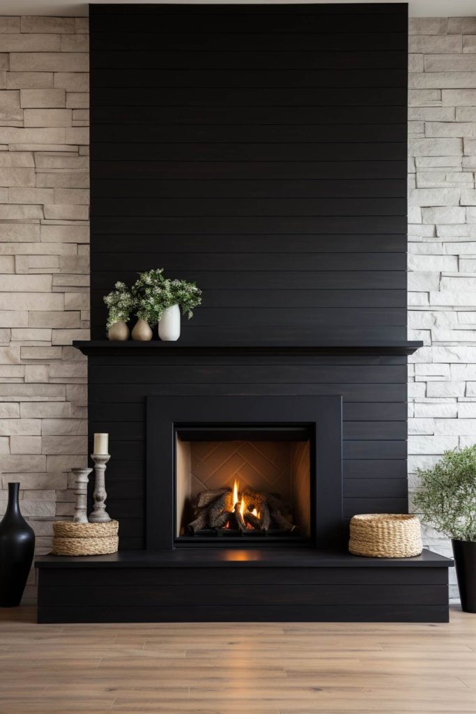 a living area with a black fireplace in front of a stone wall in the background and on the black mantel there are small plants in white and beige vases