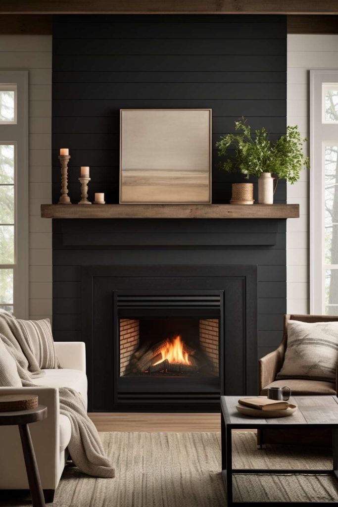 a living area with a black fireplace and wooden mantel with candles in distressed holders, a green plant in an antique pitcher and rattan accents