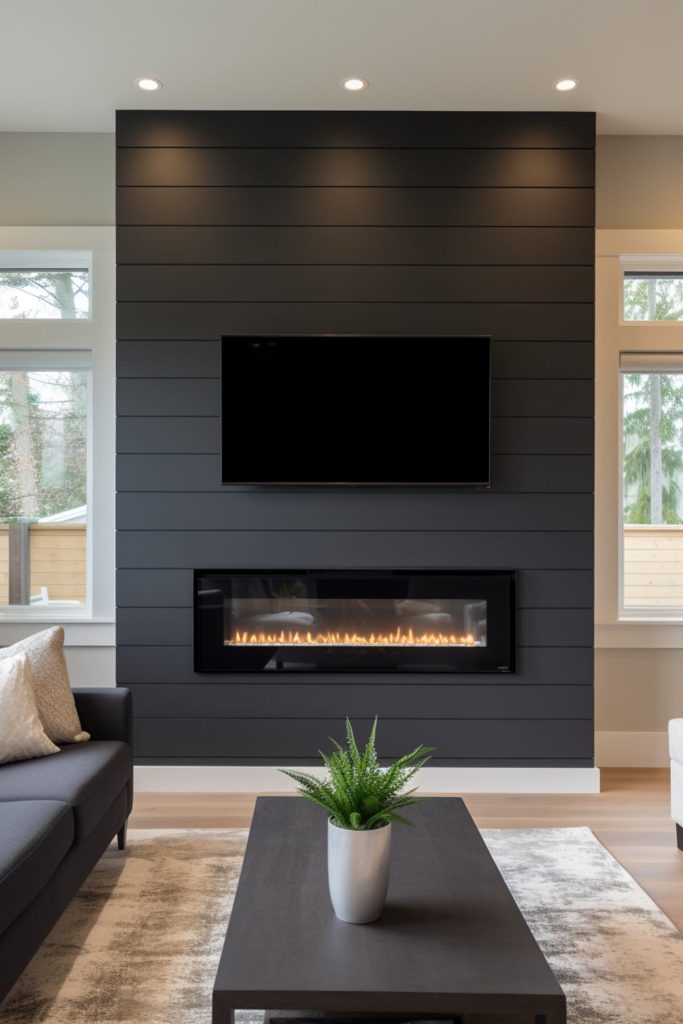 a living area with a black fireplace surrounded by white walls