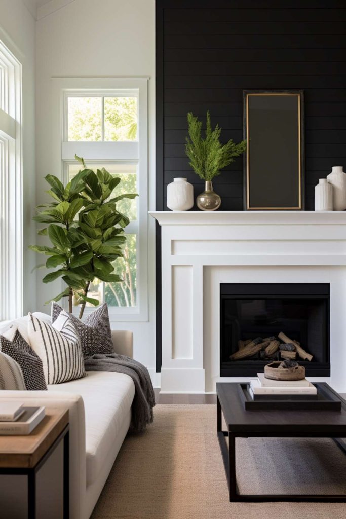 a living area with a white fireplace surrounded by black stepped panels