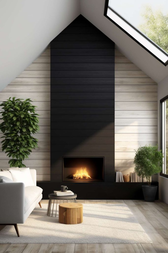 A living area with a black overlapping fireplace in front of white overlapping walls and a black fireplace decorated with a selection of books