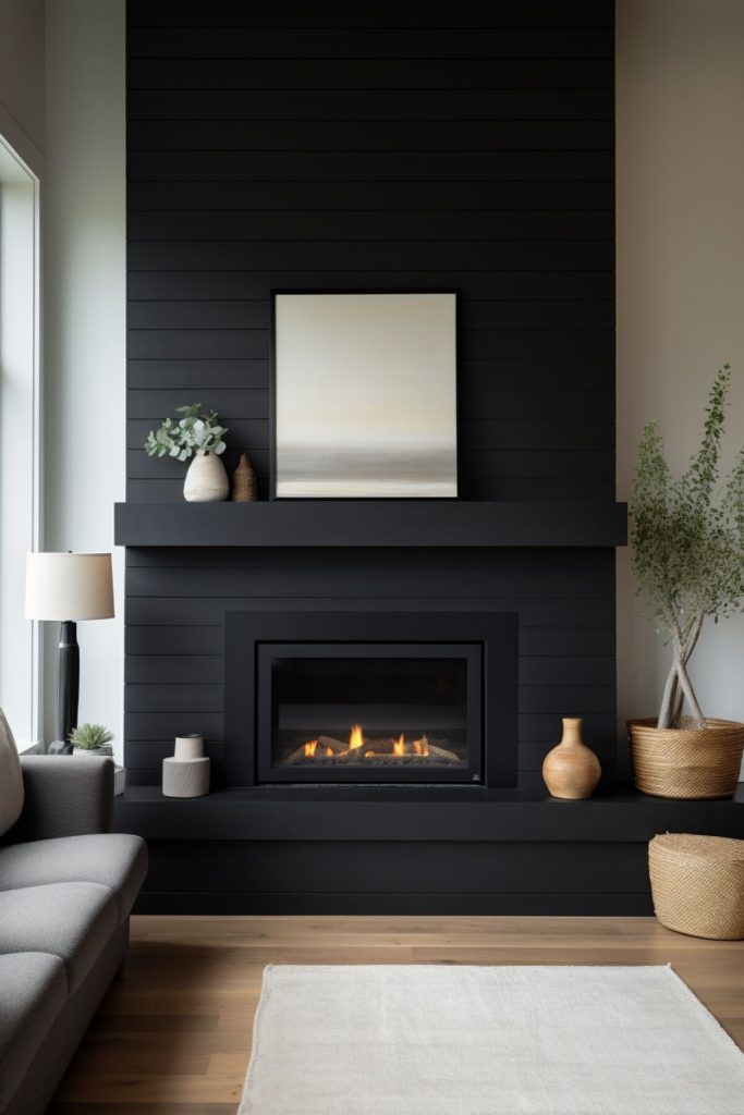 a living area with a black fireplace mantel with a black mantel displaying a monochrome painting and a live plant in an antique vase