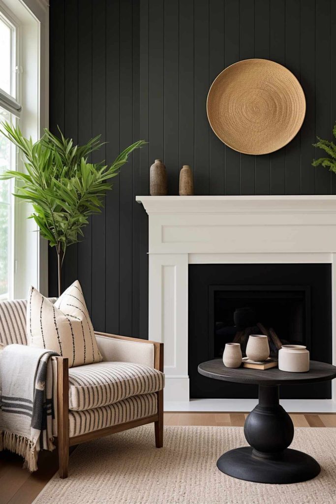 a small living area with a white fireplace in front of black, overlapping walls