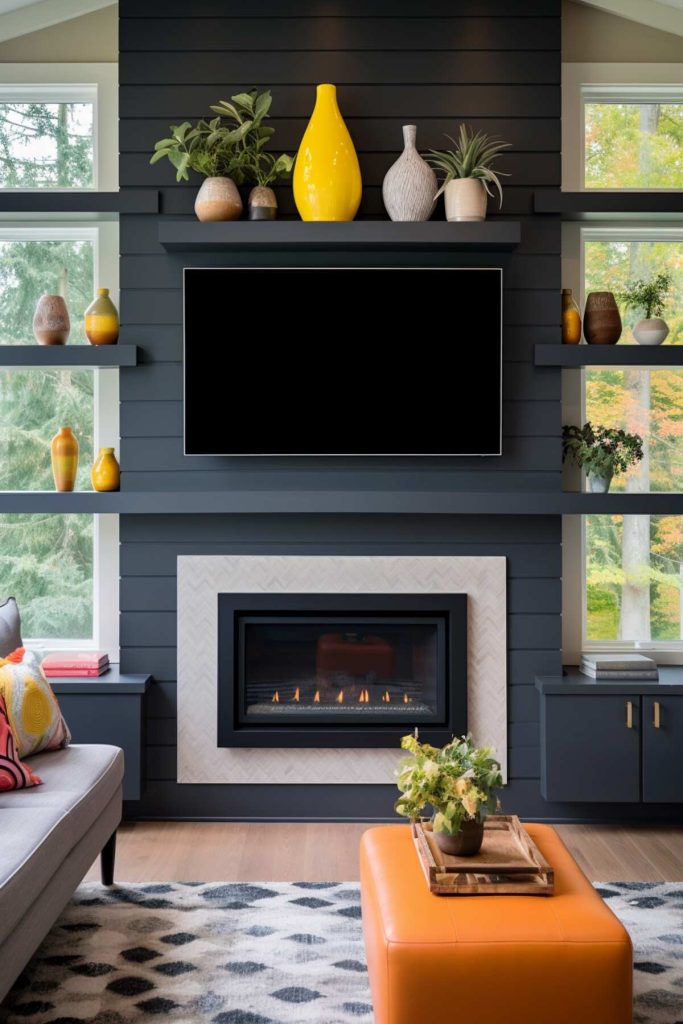 a living area with a black fireplace fireplace, large mantel, mounted television, and built-in shelves and cabinets