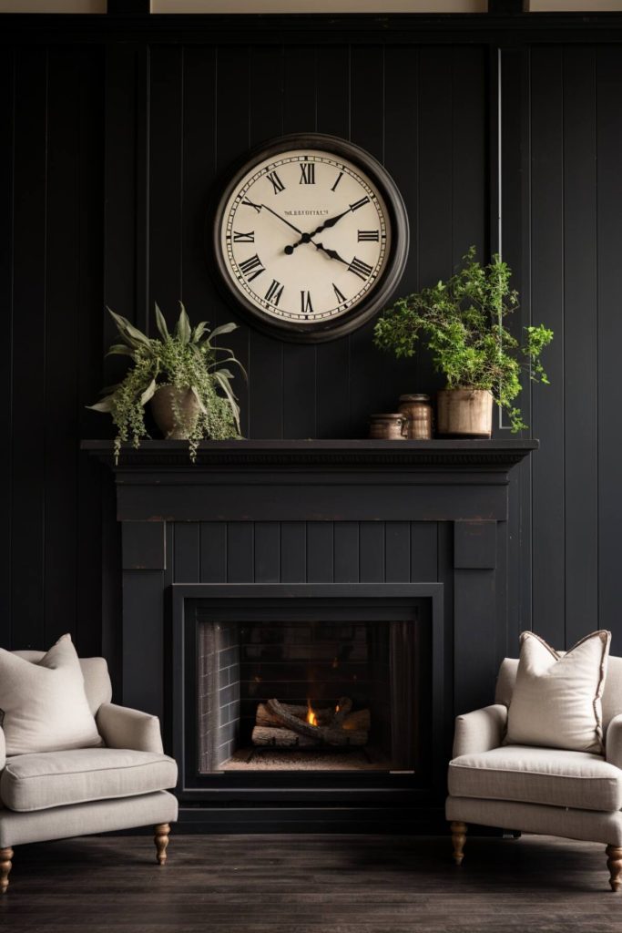 a living area with a traditional style mantel displaying an antique quartz clock on a black mantel