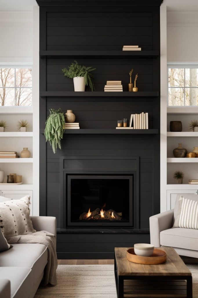 a living area with open shelving over the firebox and a black fireplace that combines storage and style