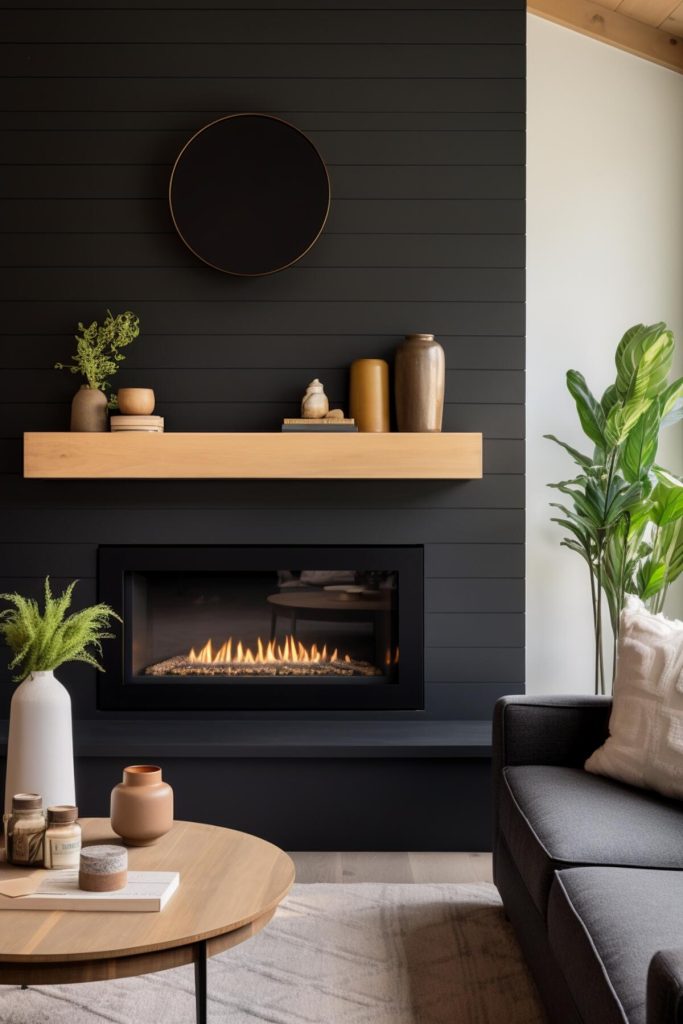 a living area with a black fireplace and a wooden mantel decorated with antique pottery and ceramic treasures, a green plant next to it