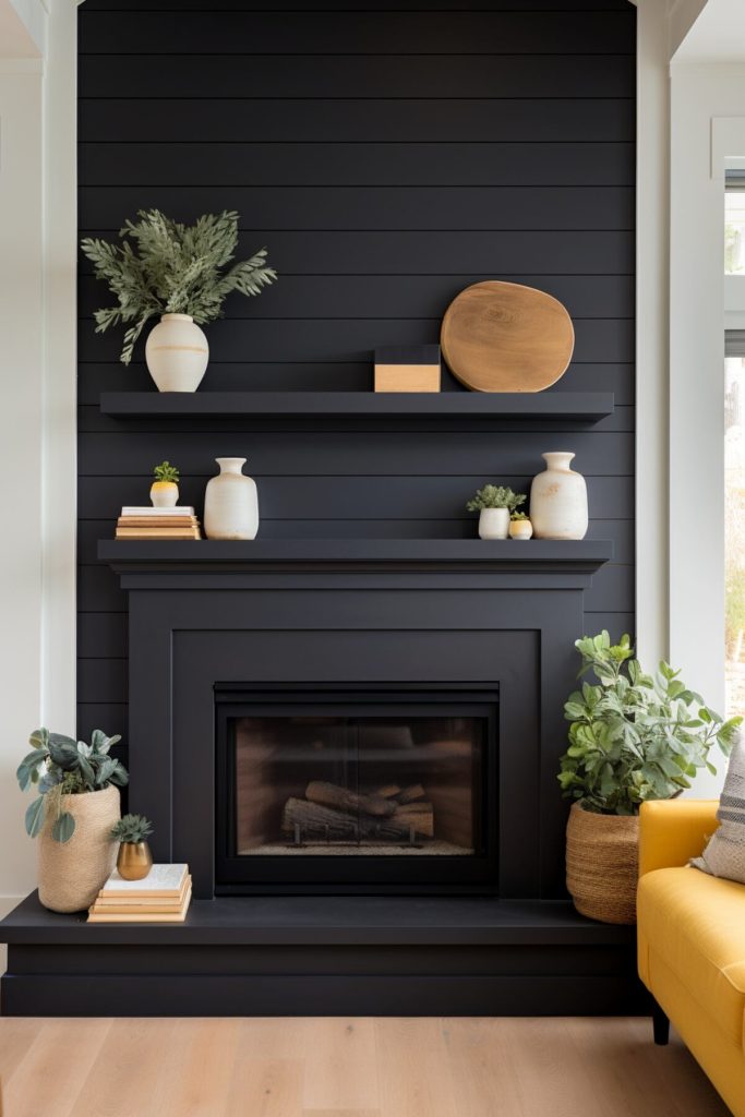 a living area with a black fireplace in front of black overlapping walls, along a built-in shelf displaying a green plant, a rustic piece of wood and a stack of books