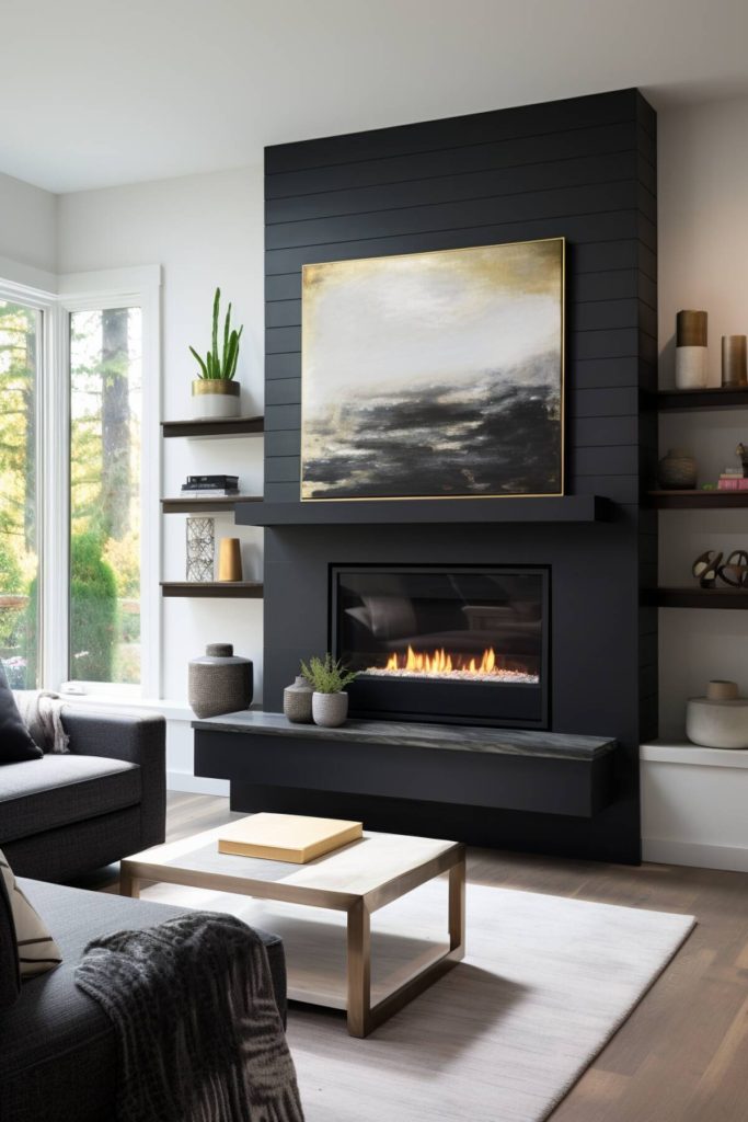 a living area with an abstract black and white painting on the mantel of a black fireplace 