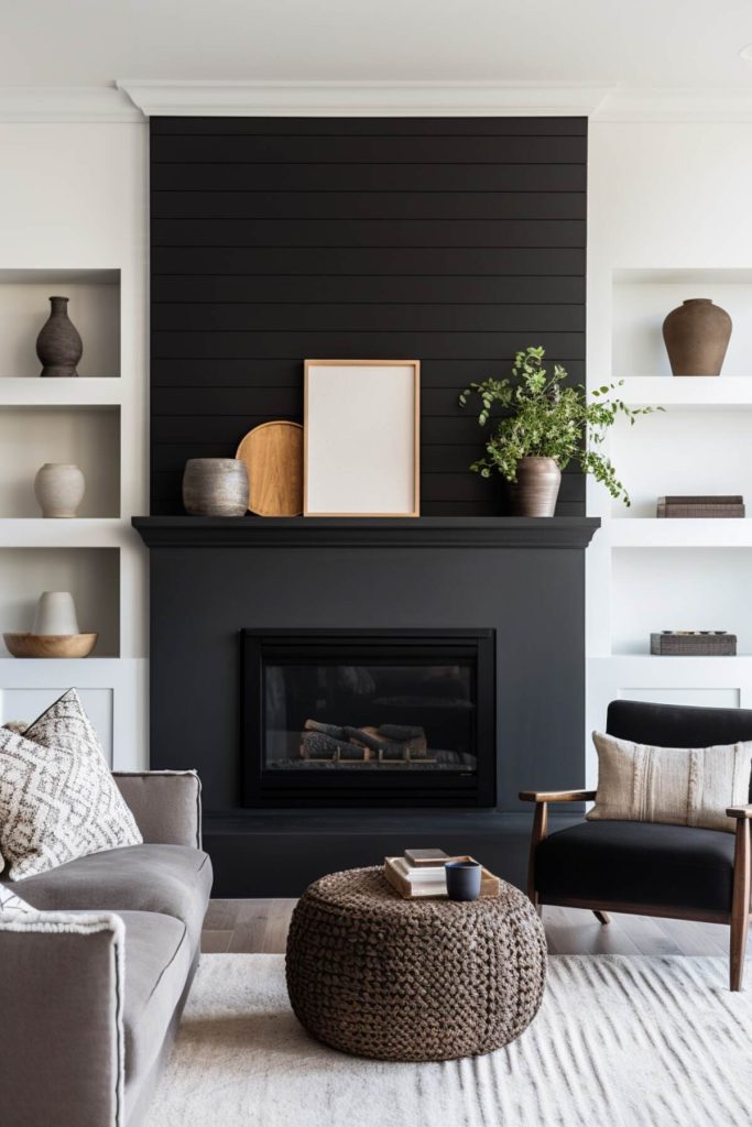 a living area with a black fireplace and plants and a ceramic vase that complete the rustic tableau of the mantel