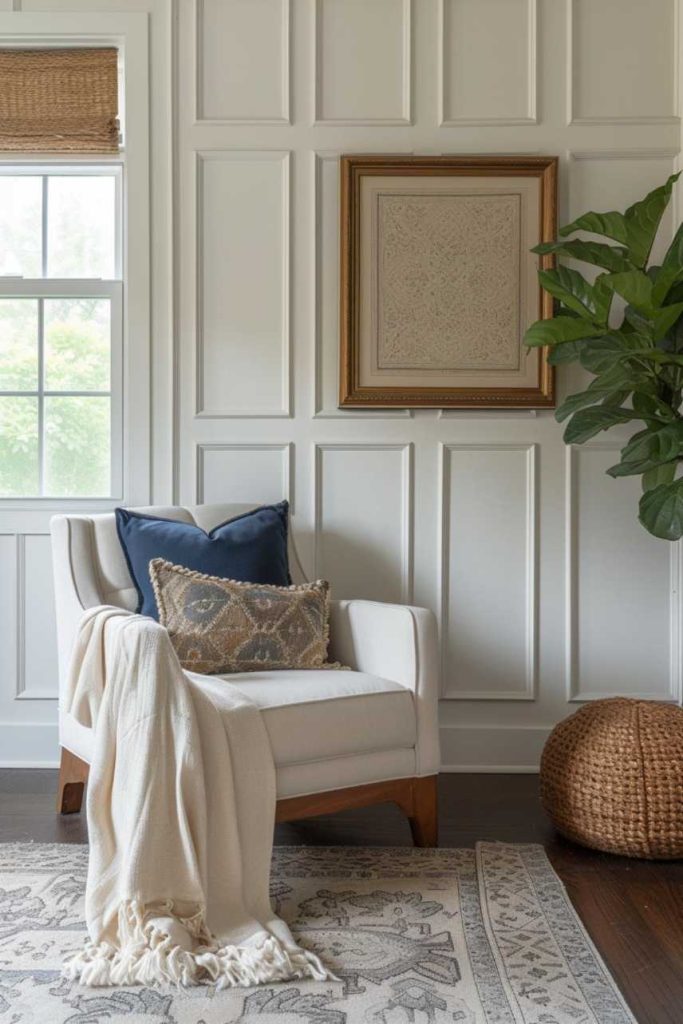 Elegant wainscoting panels in pure white provide cozy lounging in this traditional living room, with an off-white accent chair and navy and beige pillows adding a pop of color. 