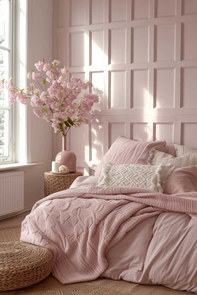 In this pink bedroom, the subtle sophistication of the paneling complements the room's cozy elements. 