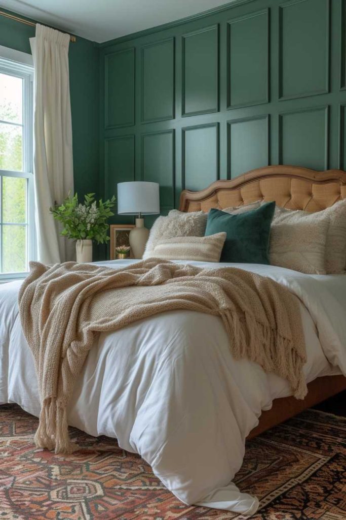 This bedroom's deep green wall – decorated with traditional paneling – invites a sense of calm without lacking in sophistication.  