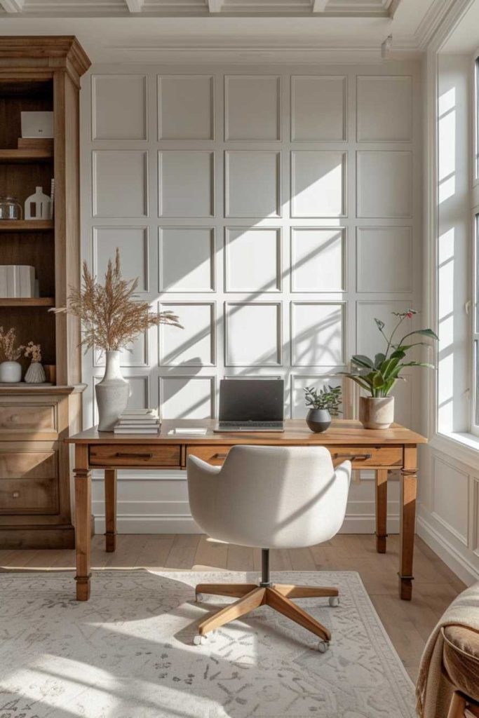 The wooden desk and shelf bring warmth to the room and showcase carefully selected decor, while an upholstered office chair promises comfort throughout the workday. It is a space that is both classic and productive. 