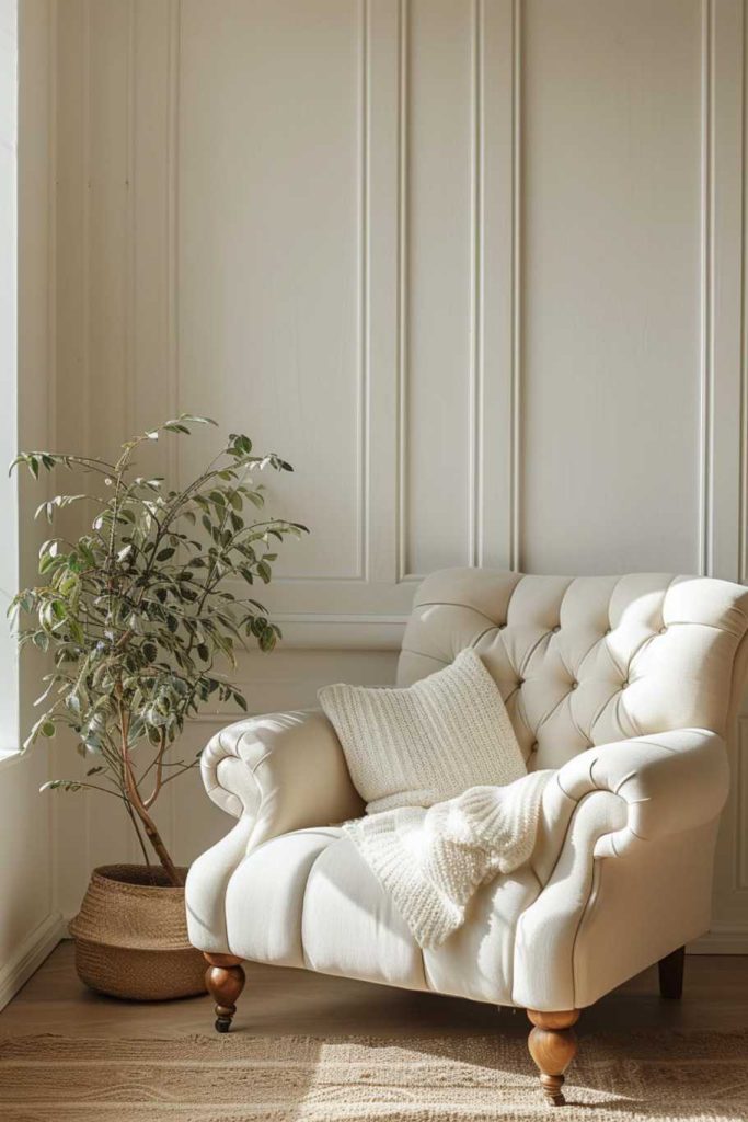 Cream ivory walls with a mix of narrow and wide wainscoting panels give this warm, inviting living room a dynamic presence. 