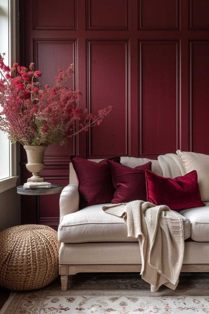 For a bold living room decor that makes an unforgettable style statement, opt for burgundy walls with recessed wainscoting that showcases classic crown molding. 