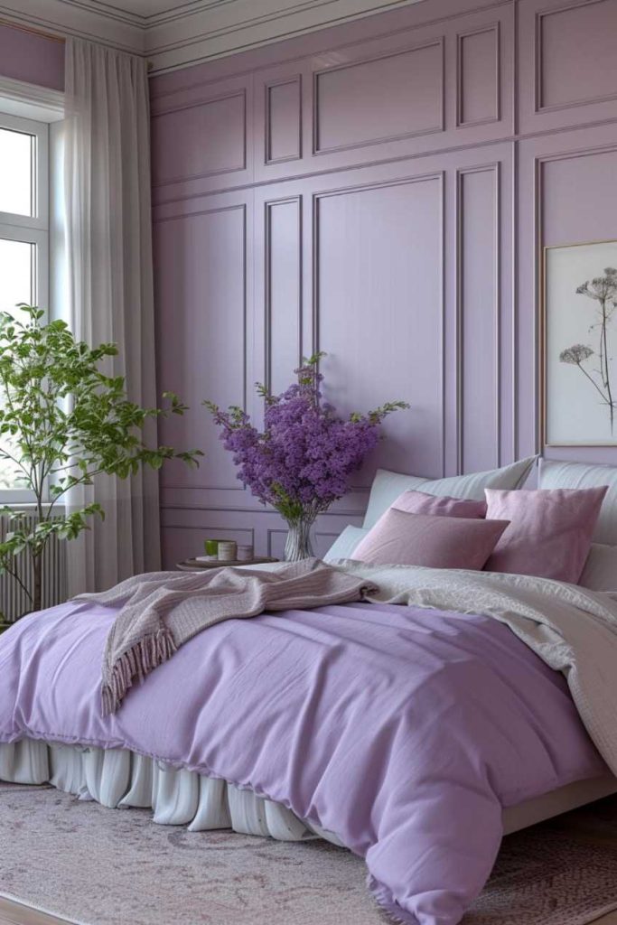 Choosing purple wainscoting can make your room look dated, but a softer, lighter shade like this shade of lavender can help your room look graceful without being too heavy or archaic. 