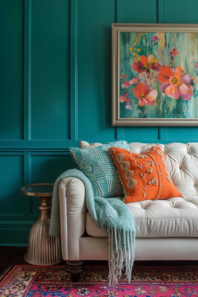 To liven up your living space, opt for a cool teal wall with recessed paneling. Hang a <a href=